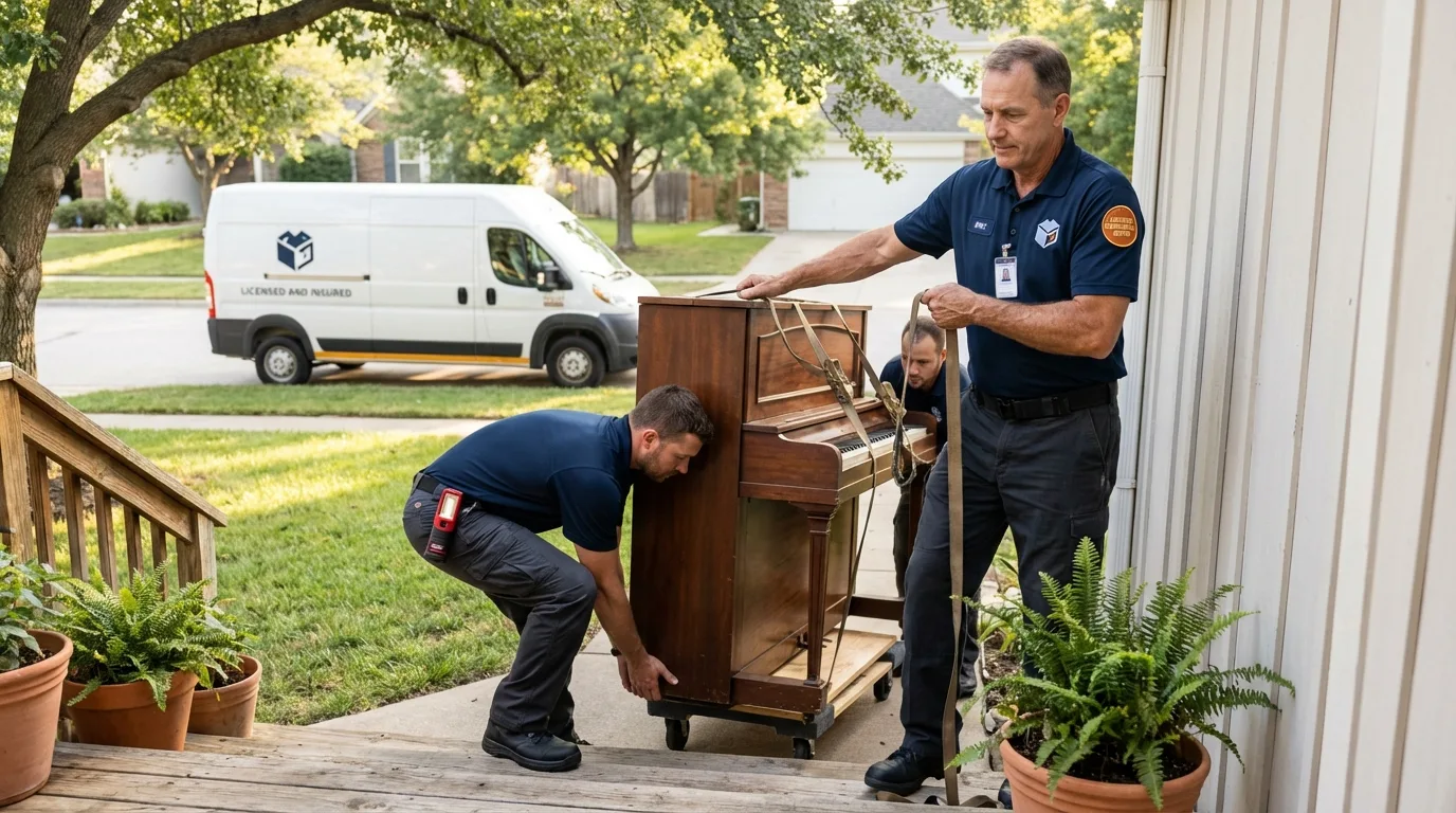 Licensed piano movers securing grand piano in Estes Park, CO