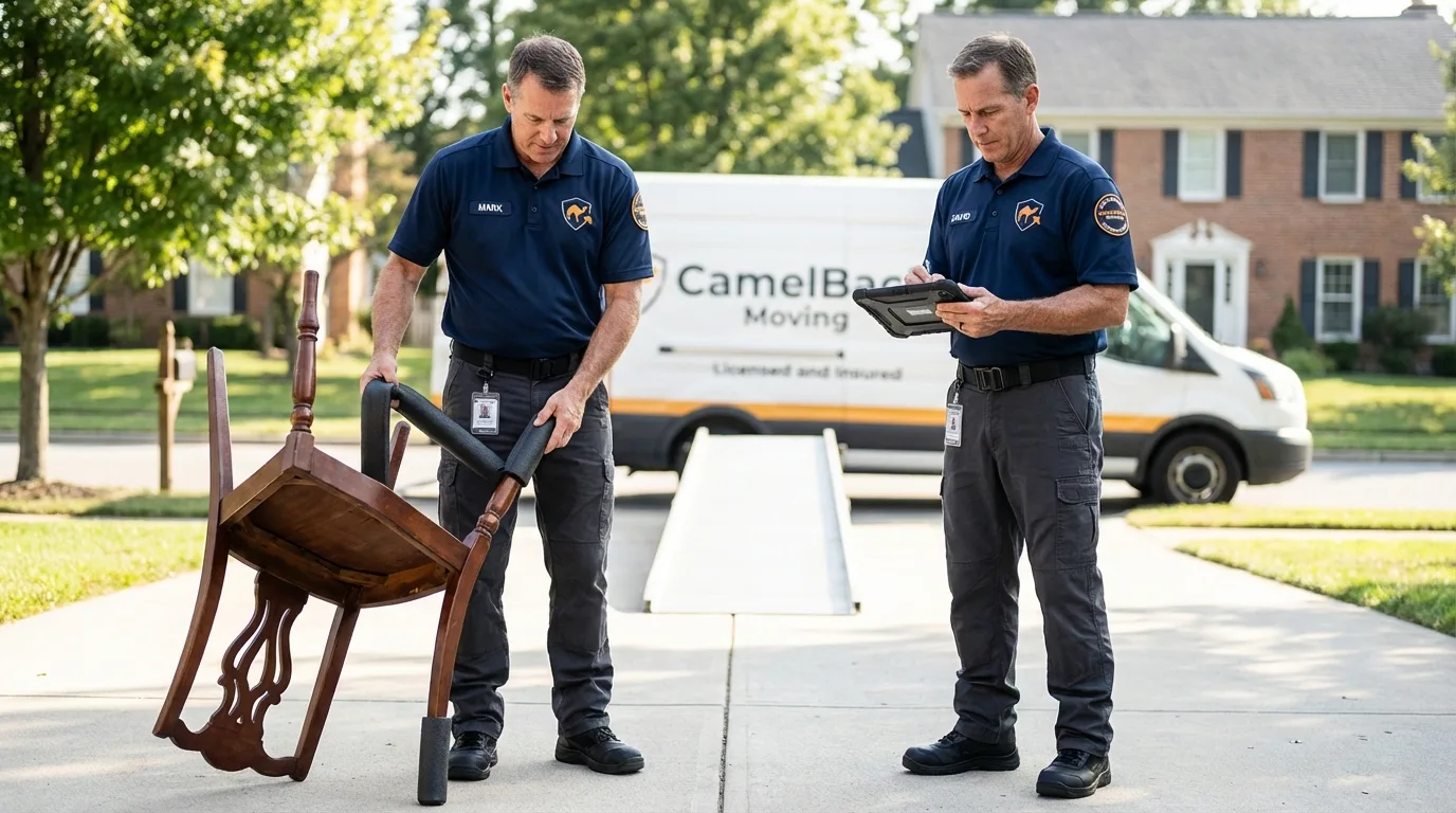 Movers inspecting furniture for damage prevention before loading in Estes Park, CO