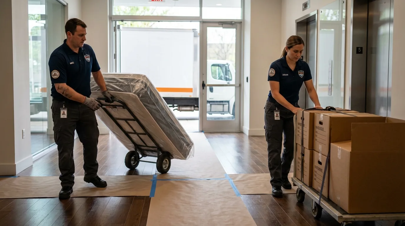 Professional apartment movers loading elevator in Estes Park, CO